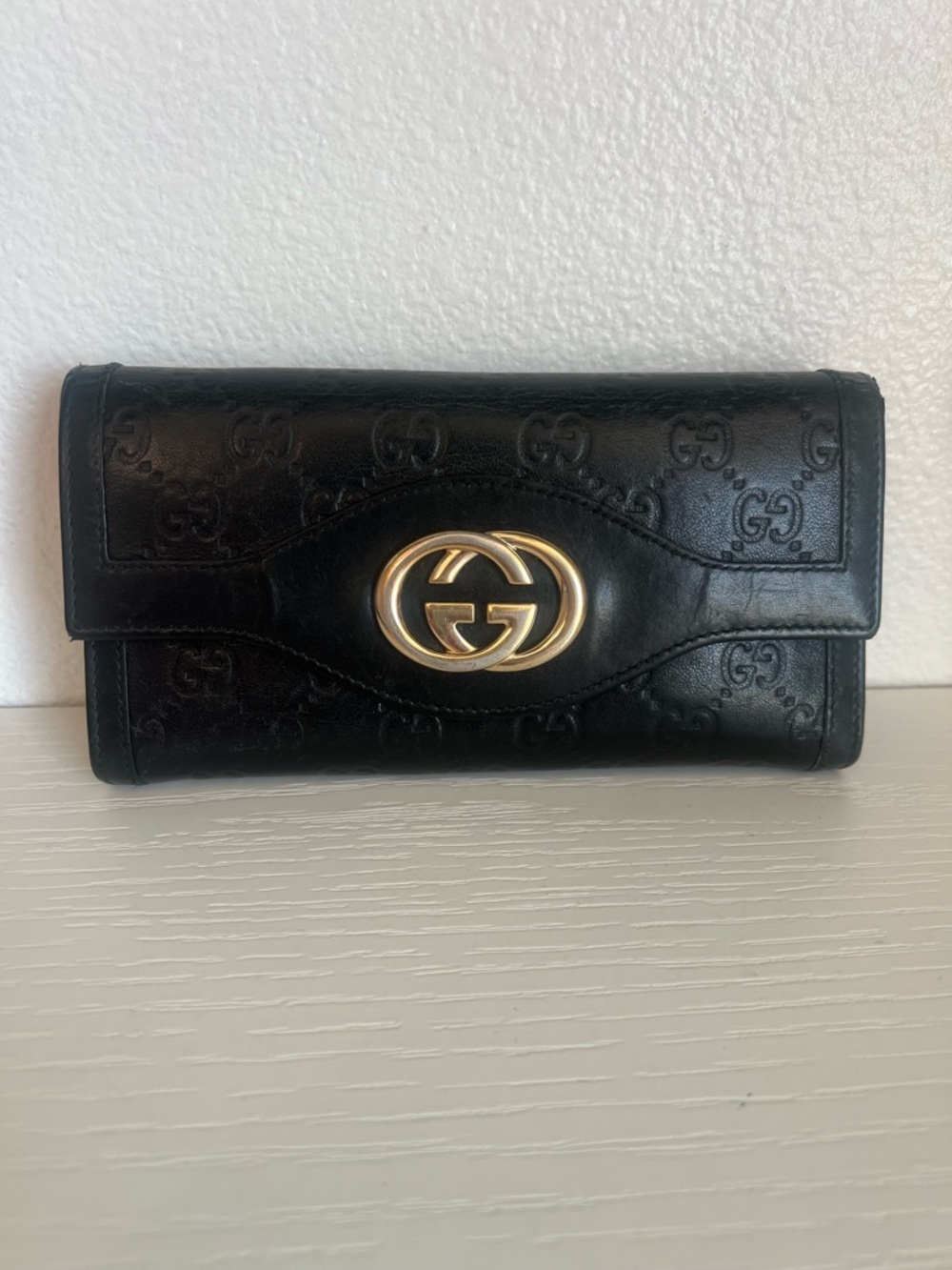 Gucci Black Embossed Leather Continental Wallet with Gold GG